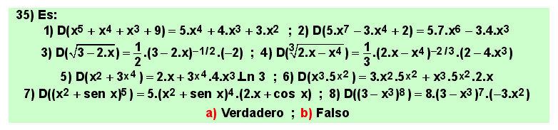 35 Test, ejemplos de aplicacion de las reglas de derivación, Matemáticas, Cálculo Diferencial, Bachillerato, Universidad 