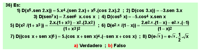 36 Test, ejemplos de aplicacion de las reglas de derivación, Matemáticas, Cálculo Diferencial, Bachillerato, Universidad 