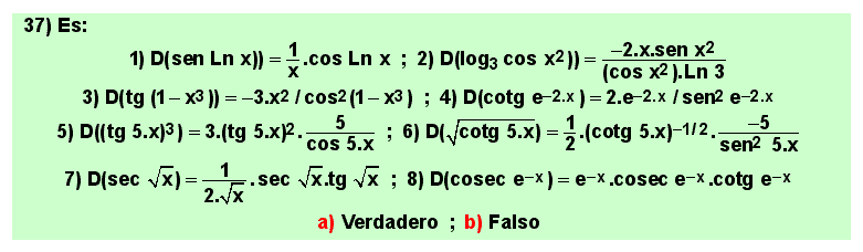 37 Test, ejemplos de aplicacion de las reglas de derivación, Matemáticas, Cálculo Diferencial, Bachillerato, Universidad 