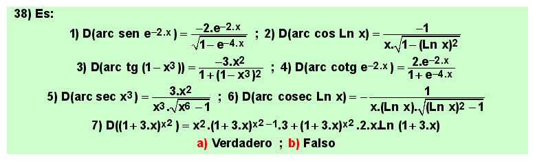 38 Test, ejemplos de aplicacion de las reglas de derivación, Matemáticas, Cálculo Diferencial, Bachillerato, Universidad 