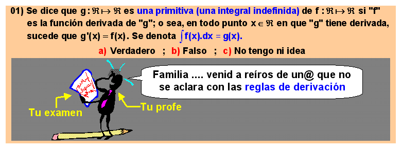 01 La función g(x) es una primitiva o integral indefinida de la función f(x) si g(x) es la función derivada de f(x). 
