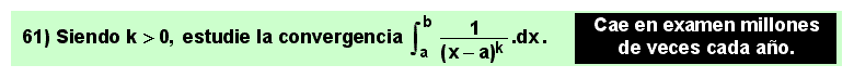 61  Problema que cae en examen cientos de veces todos los años sobre el cálculo de una integral impropia de segunda especie por falta de acotación del integrando en el extremo inferior del intervalo de integración