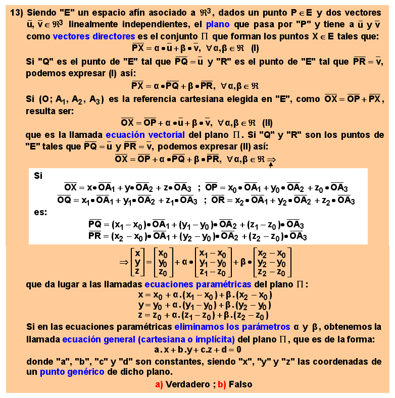 13 El plano en el espacio afín tridimensional. Ecuación vectorial. Ecuaciones parmátricas. Ecuación general (cartesiana o implícita)