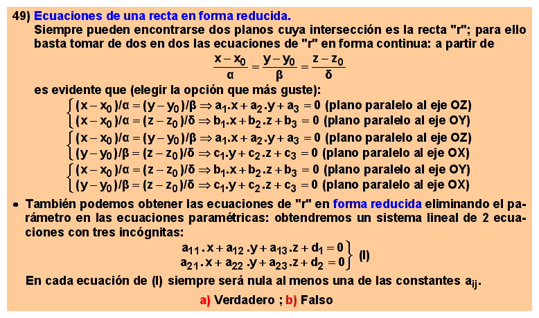 49 Ecuaciones de una recta en forma reducida: identifican a una recta como intersección de dos planos